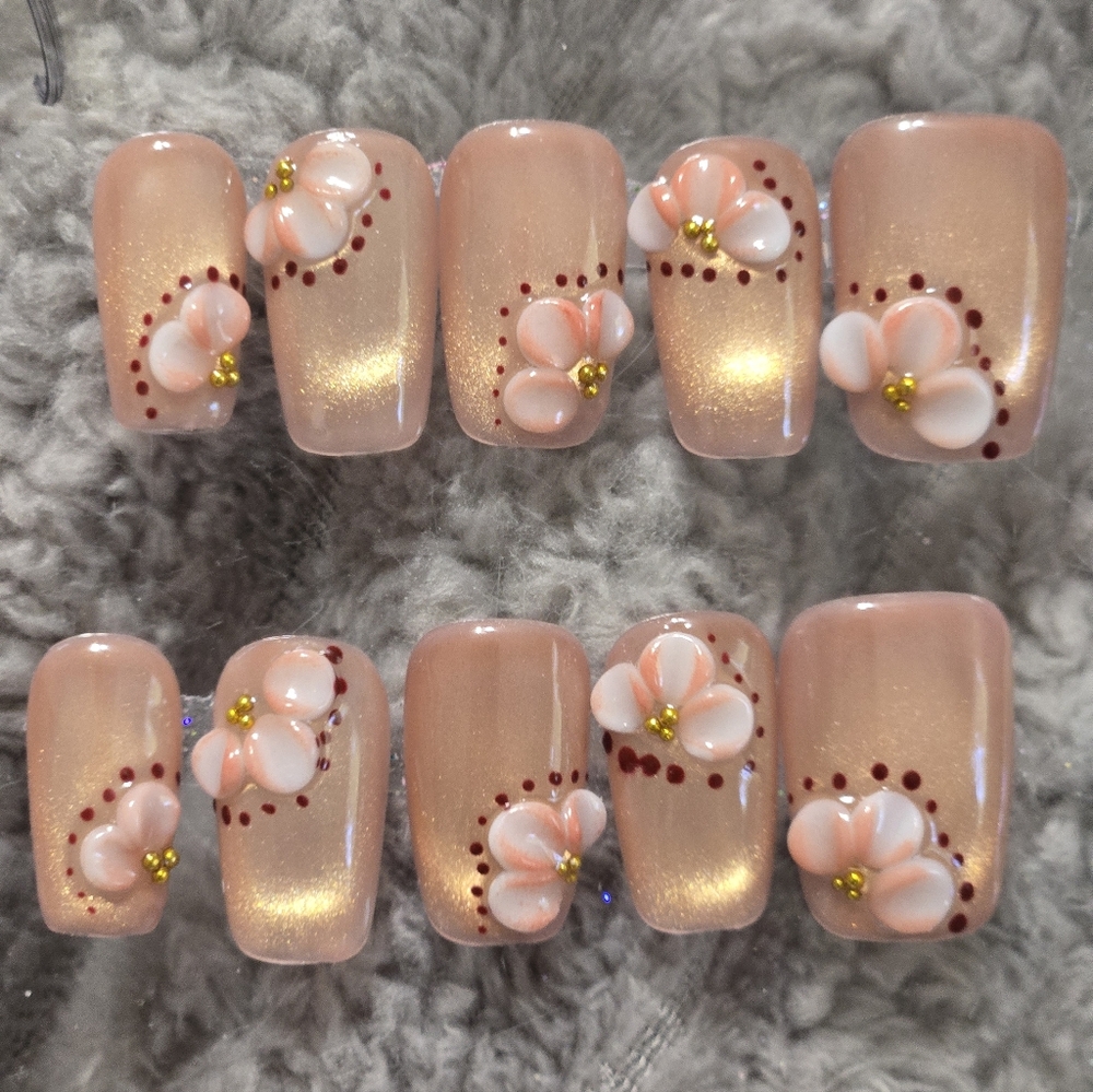 Peach Pearl Press-On Nails with 3D Floral Accents